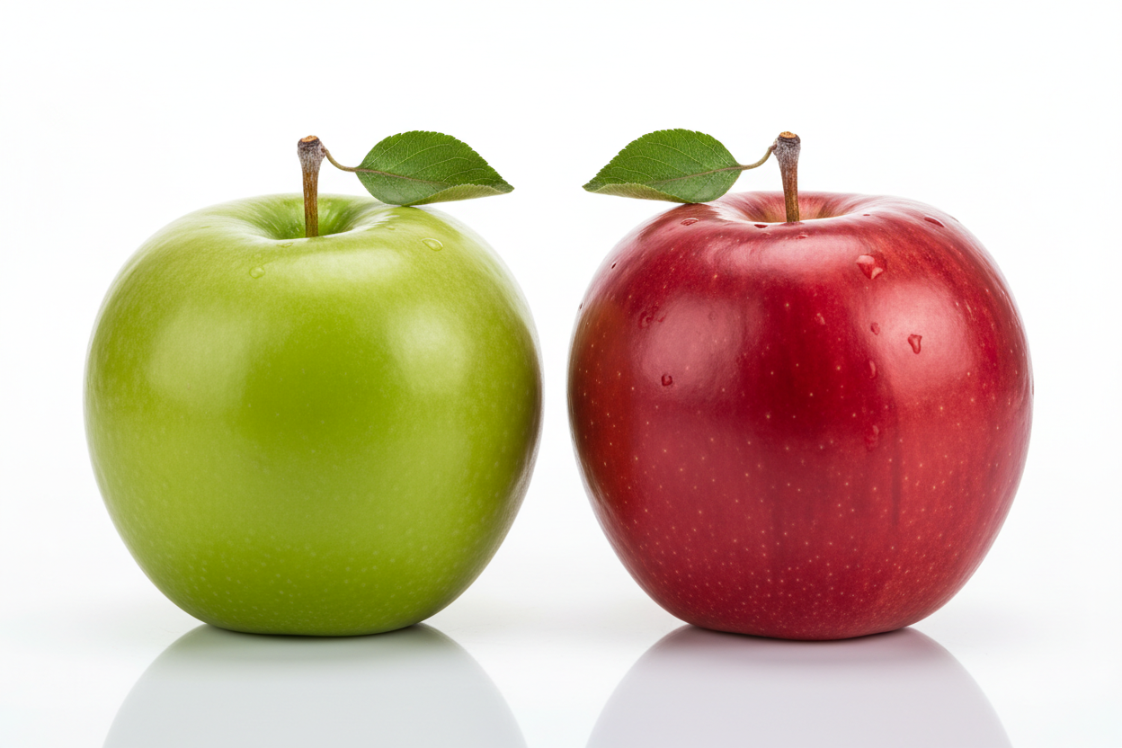 1 green and 1 red apple, fresh