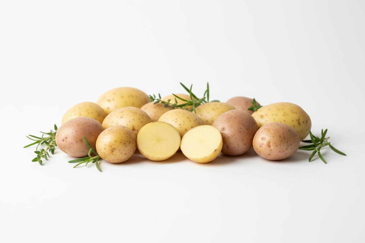 baby potatoes, white background